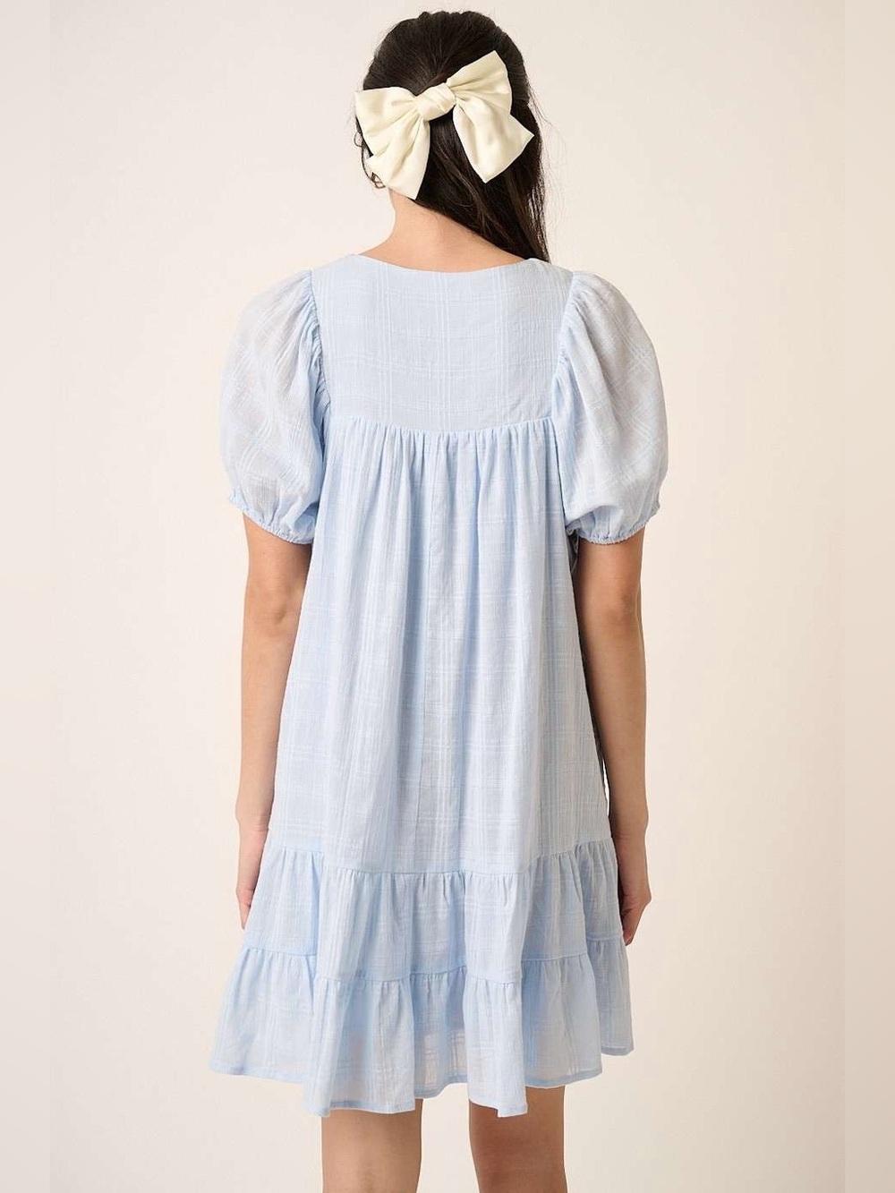 Mittoshop Tassel Tie Plaid Gauze Short Sleeve Mini Dress - Picture 3 of 5